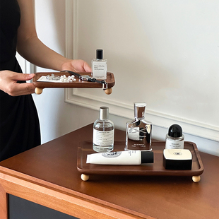 中古风木质长方形桌面收纳盒高级感香薰托盘杂物首饰化妆品置物盘