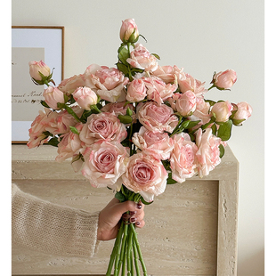 粉色玫瑰花新款仿真花束装饰摆件轻奢高级感假花摆设拍照道具逼真