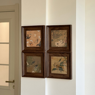 复古风花卉装饰画四联画客厅卧室壁画实木框文艺挂画装饰品摆件