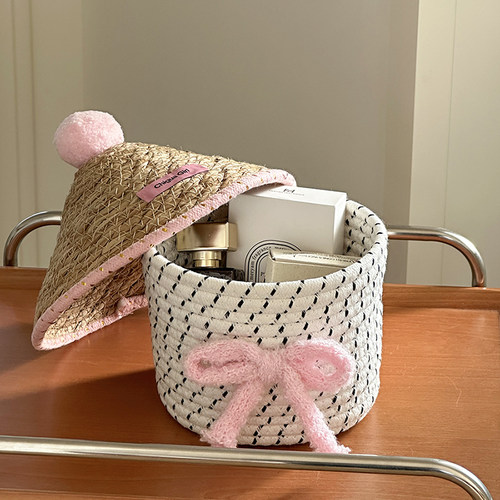 家用收纳桶防尘带盖杂物储物篮大容量卡通编织收纳筐桌面收纳盒子