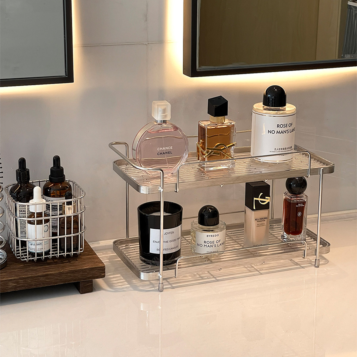 双层收纳架不锈钢高级浴室洗梳妆漱台家用置物架玄关香水桌面收纳