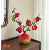 花瓶石榴陶瓷新年乔迁礼物花瓶新中式 餐桌面摆件红色石榴仿真水果