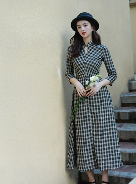 JUJU定制春秋季改良旗袍长袖连衣裙七分袖复古格子学院风文艺裙子