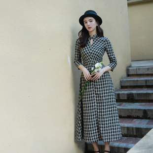 JUJU定制春秋季改良旗袍长袖连衣裙七分袖复古格子学院风文艺裙子