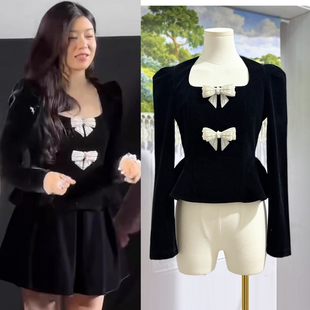 千金风蝴蝶结黑色丝绒上衣女收腰 设计感法式 秋冬长袖 内搭2025新款
