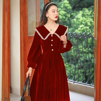 法式丝绒裙结婚礼服裙红色敬酒服回门订婚连衣裙平时可穿秋冬打底