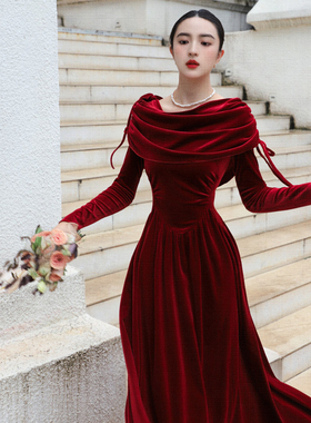 JUJU定制法式宫廷丝绒连衣裙高级感优雅荡领长袖礼服裙秋冬季新款
