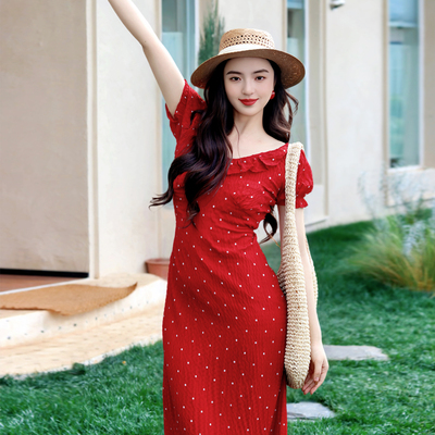 法式气质甜美边方领波点红连衣裙