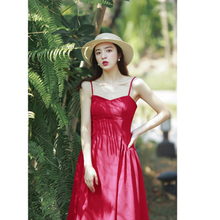 茶歇小礼裙度假风连衣裙 收腰显瘦法式 2023新款 红色吊带裙子女夏季