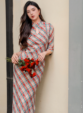 JUJU定制秋季复古格纹改良旗袍女秋季新中式撞色连衣裙收腰长裙