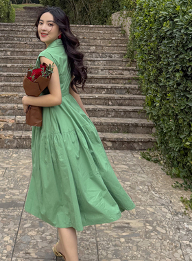 JUJU赫本复古文艺风连衣裙V领纯棉透气大摆长裙高腰显瘦法式女夏