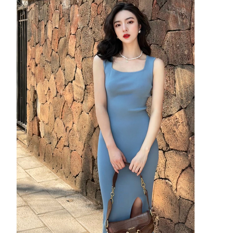 春夏季女装连衣裙无袖针织冰丝长款显瘦裙子舒适度假裙开叉休闲裙