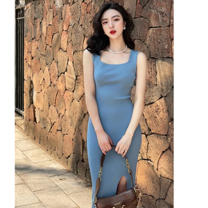 春夏季女装连衣裙无袖针织冰丝长款显瘦裙子舒适度假裙开叉休闲裙