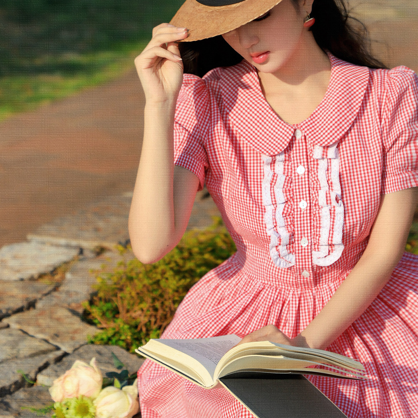 JUJU定制2026年夏新款红色格子娃娃领短袖连衣裙法式复古少女裙子