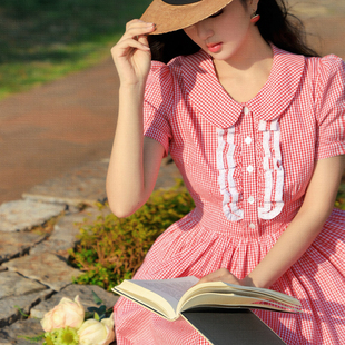 JUJU定制2026年夏新款红色格子娃娃领短袖连衣裙法式复古少女裙子