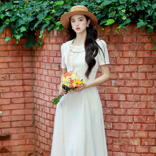JUJU定制法式复古短袖连衣裙女夏季新款收腰气质长裙温柔风裙子