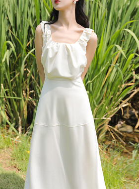 JUJU定制法式拼接款裙子收腰显瘦高级感白色吊带连衣裙夏季气质女