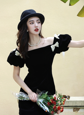 JUJU早秋新款复古小礼服裙法式名媛气质丝绒短袖连衣裙百搭显瘦女