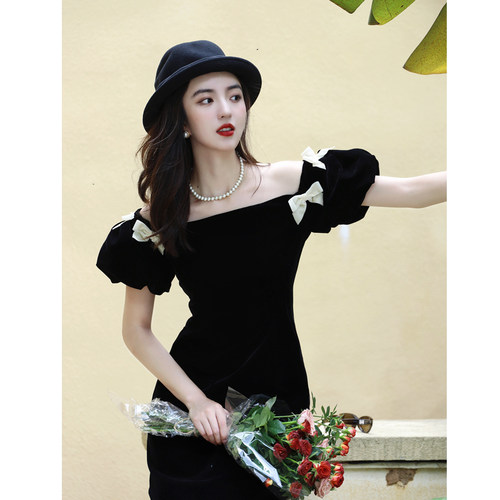 复古礼服气质显瘦丝绒连衣裙长裙