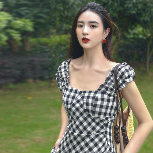 法式复古黑白格子显瘦连衣裙棉麻