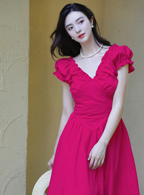 法式收腰红色连衣裙女气质V领显瘦火龙果色泡泡袖设计感裙子夏季