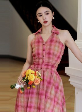 JUJU定制清新少女糖果色格纹无袖气质连衣裙甜美风复古裙2025新款