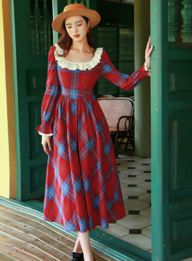 JUJU早秋季新款法式复古格子方领长袖连衣裙少女感气质收腰长裙子