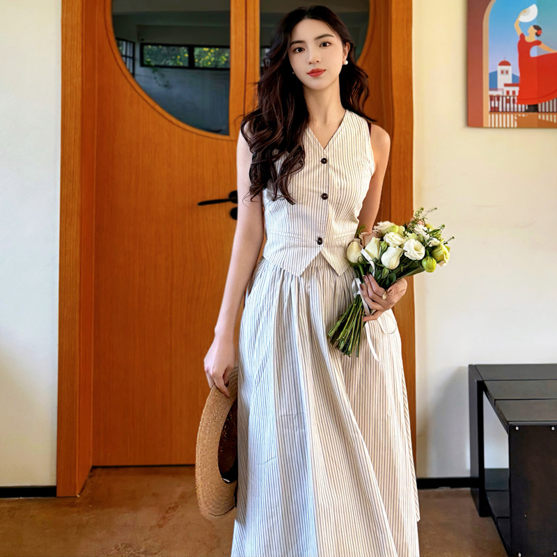 JUJU定制法式休闲马甲上衣文艺复古口袋裙度假套装裙半身裙女夏季