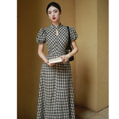 显瘦小礼裙学院少女新款 复古国风改良旗袍格子连衣裙新中式 泡泡袖