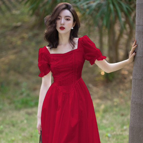 法式小红裙短袖仙女裙子方领