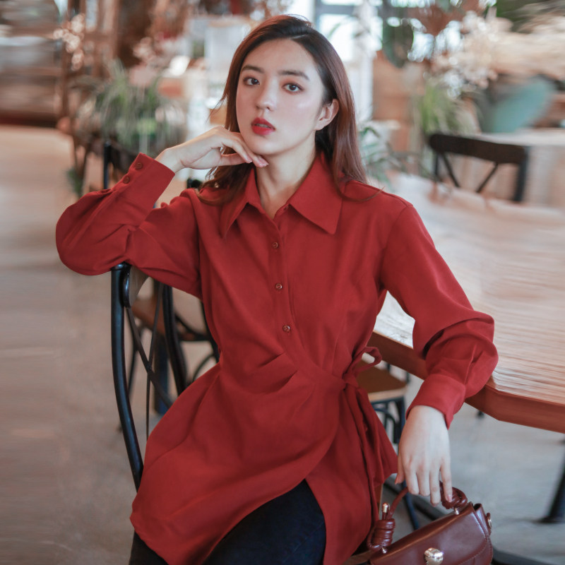 春秋季新款法式不规则上衣显瘦百搭长袖系带收腰衬衫女设计感小众