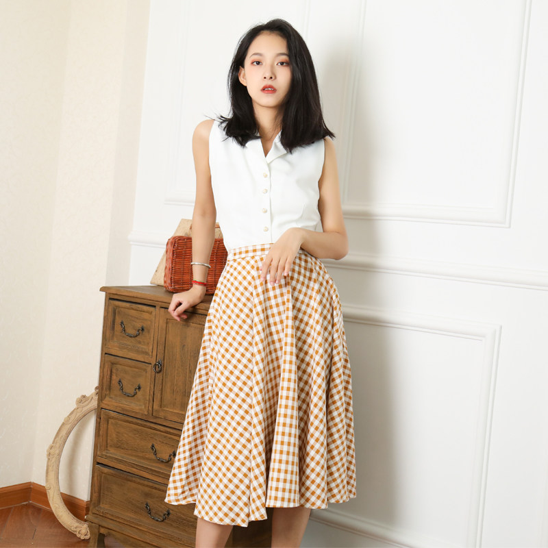 复古赫本风黄色格子半身裙高腰中长款大摆伞裙a字裙显瘦女春夏季