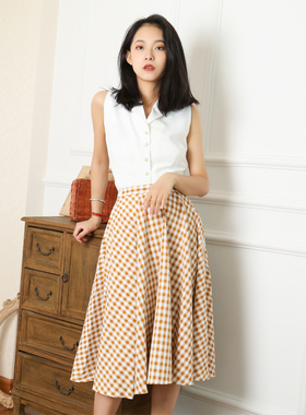 复古赫本风黄色格子半身裙高腰中长款大摆伞裙a字裙显瘦女春夏季