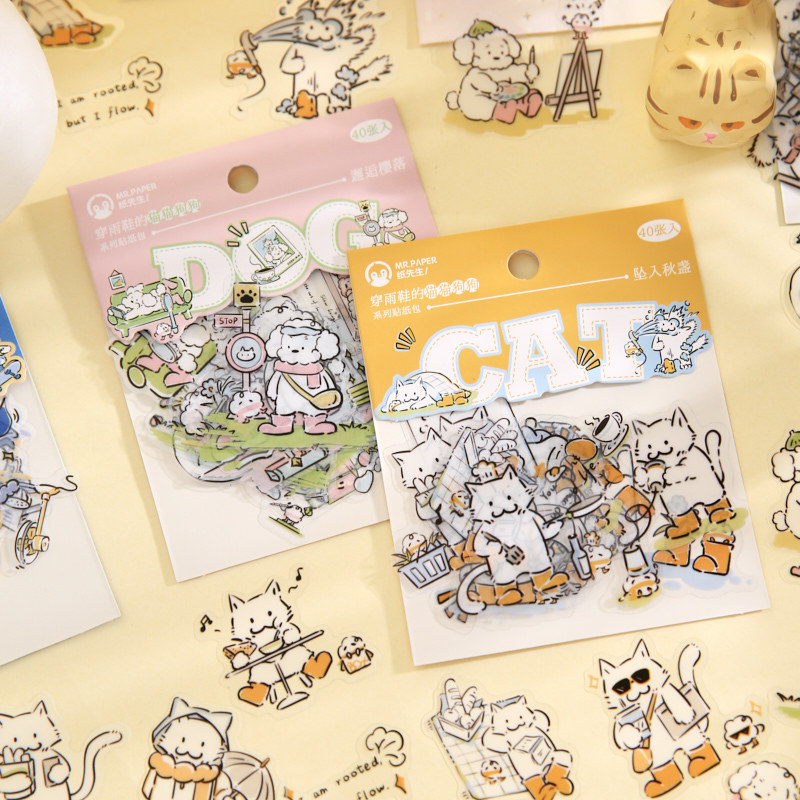 纸先生贴纸包 穿雨鞋的猫猫狗狗系列 可爱线条手帐装饰切膜贴