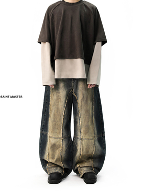 SAINT MASTER2026春季新品潮流设计刺绣阔腿弯刀男女青年牛仔裤