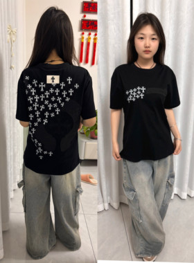 新款轻奢时尚百搭韩版修身刺绣半袖T恤含棉夏季复古男女款