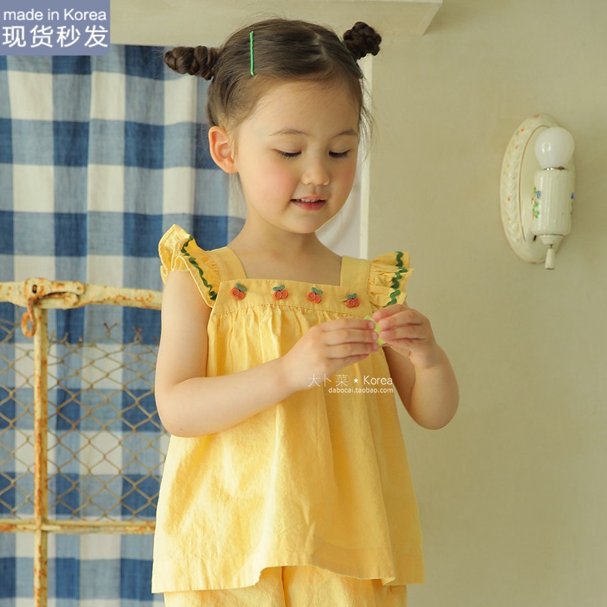 现货大卜菜AMBER韩国童装夏新款无袖花朵上衣衬衫泡泡袖娃娃衫