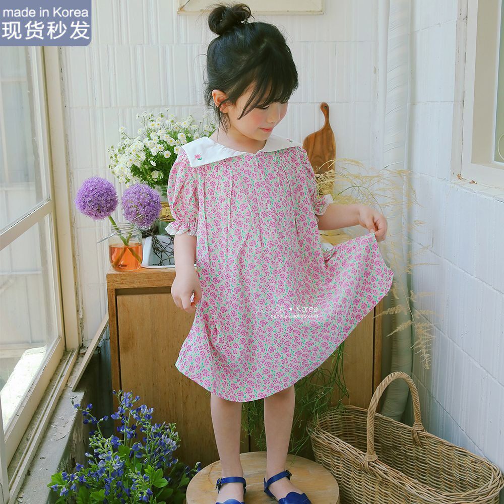 现货大卜菜 amber韩国童装女童夏新裙子碎花泡泡袖翻领连衣裙