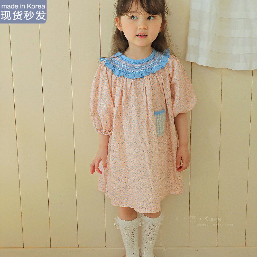现货大卜菜韩国童装夏新AMBER桔碎花甜美木耳边复古短袖连衣裙