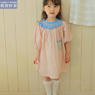 现货大卜菜韩国童装夏新AMBER桔碎花甜美木耳边复古短袖连衣裙