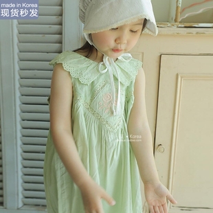 L现货大卜菜 amber韩国童装女童夏连衣裙无袖雷丝刺锈花边裙子
