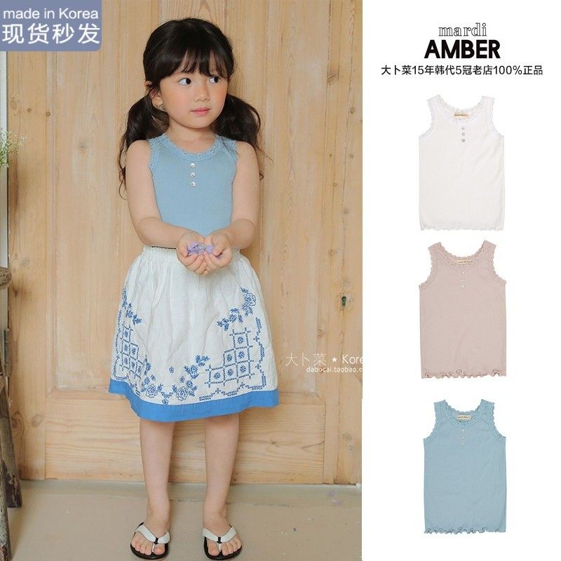 现货大卜菜AMBER韩国童装夏季薄款背心新款女童甜美蕾丝无袖T恤