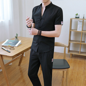 春夏男士套装潮流棉麻短袖t恤两件套V领亚麻男帅气一套TZ019-P50