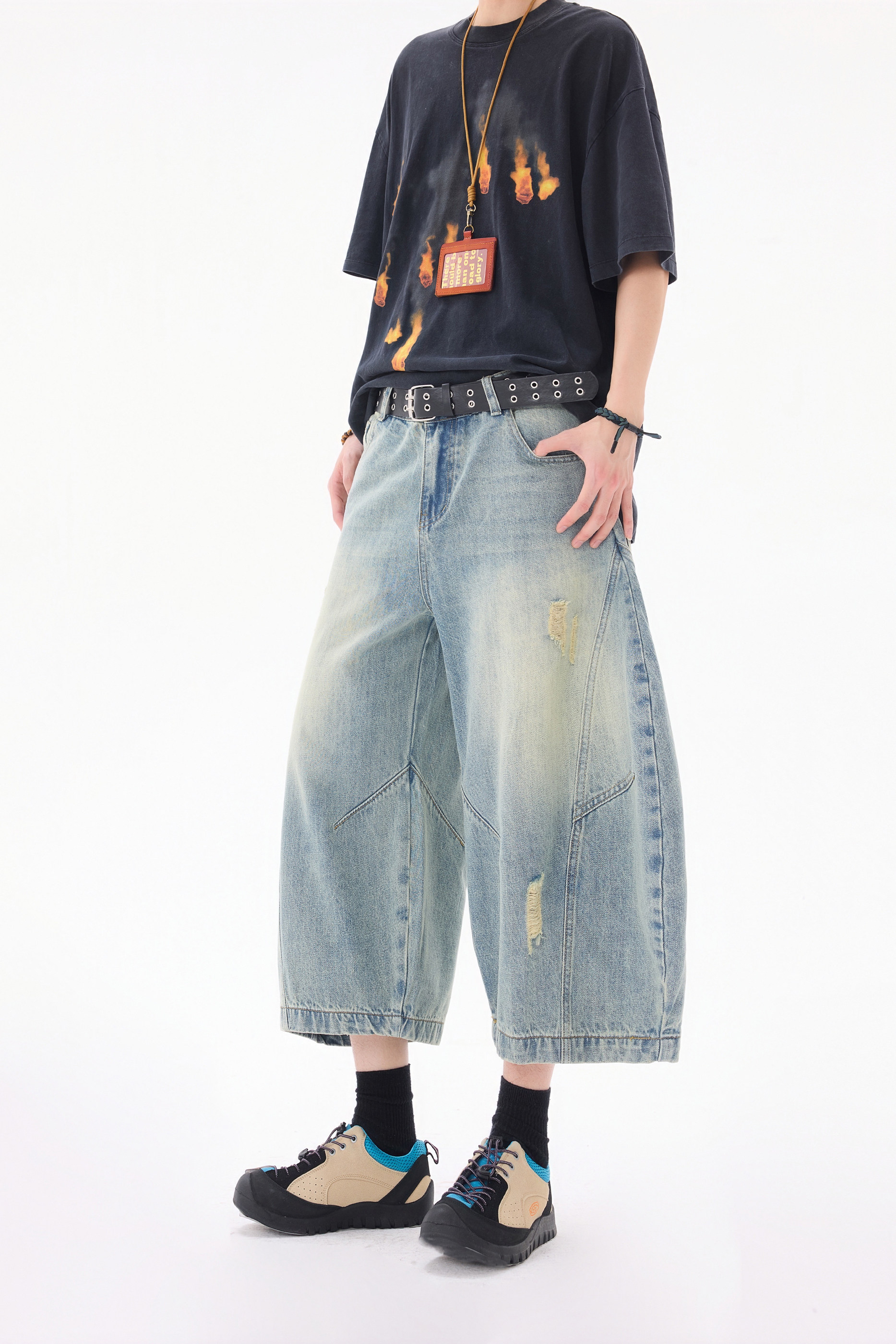 美式夏季刮烂破洞弯刀水洗牛仔裤男女宽松七分裤子潮流YD701-P65,男装牛仔裤,星座509