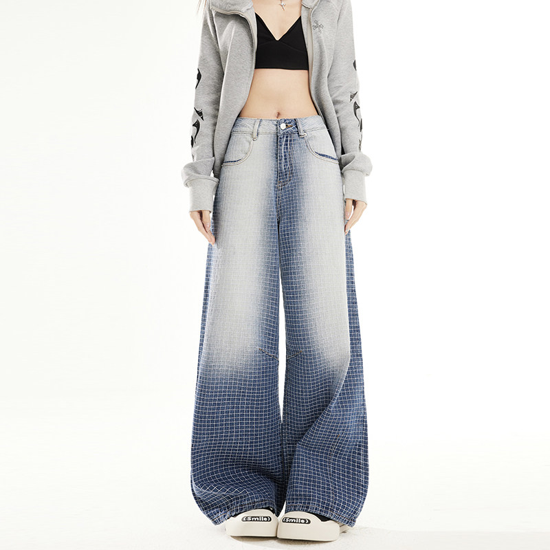 2026春季刺绣格子裥线宽松水洗渐变蓝色直筒阔腿牛仔裤YD9086-P80，男装牛仔裤，星座509