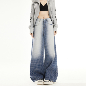 2026春季刺绣格子裥线宽松水洗渐变蓝色直筒阔腿牛仔裤YD9086-P80，男装牛仔裤，星座509