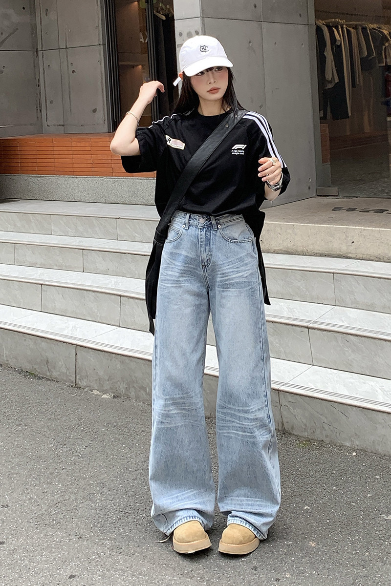 美式高街cleanfit拖地裤潮牌宽松直筒浅色微喇牛仔裤男YD9014-P75,男装牛仔裤,星座509