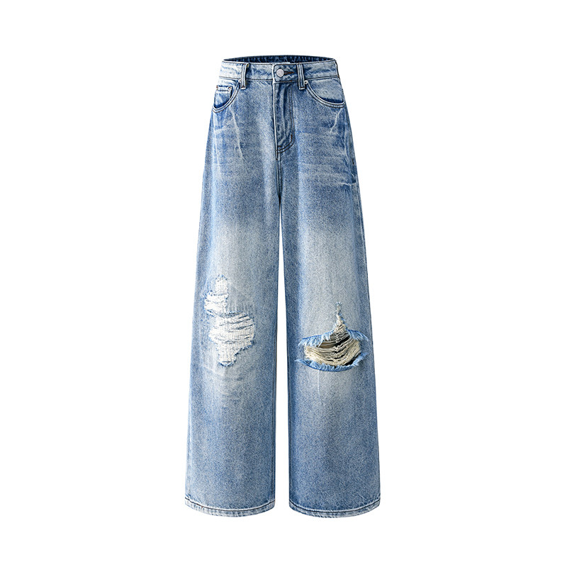 美式复古破洞牛仔裤男女水洗蓝街头宽松直筒休闲长裤YD9035-P75,男装牛仔裤,星座509