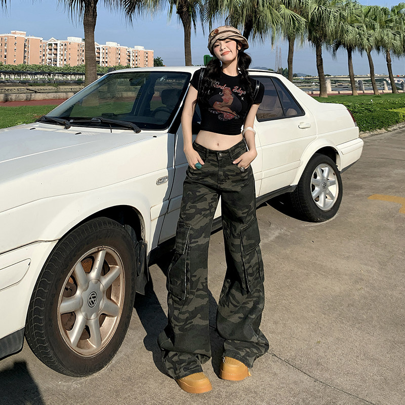 复古迷彩直筒工装裤男女秋季宽松阔腿裤简约流行拖地裤YD6602-P55,男装牛仔裤,星座509
