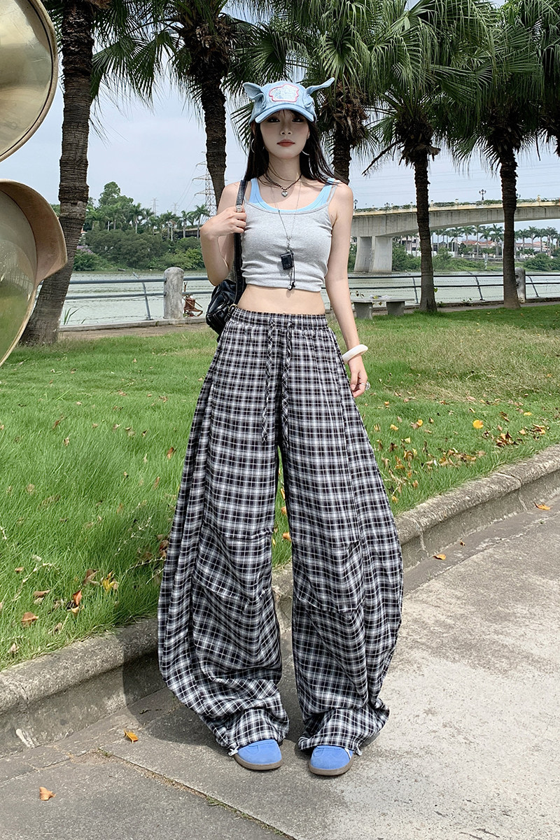 复古英伦风格纹休闲弯刀裤男女秋季宽松垂感伞兵阔腿裤YD9030-P65,男装休闲裤,星座509
